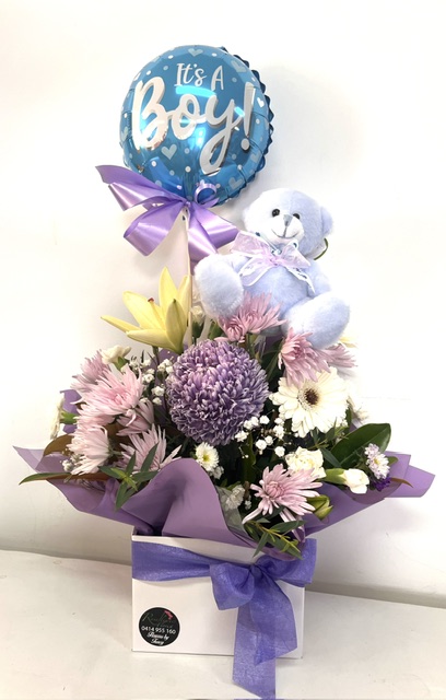 Baby boy box with teddy and balloon
